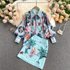 Wenfly Women Printing Two Piece Sets Turn-down Collar Single Breasted Lantern Sleeve Shirt High Waist A-line Mini Skirt Vintage