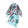 Wenfly Women Printing Two Piece Sets Turn-down Collar Single Breasted Lantern Sleeve Shirt High Waist A-line Mini Skirt Vintage