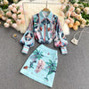 Wenfly Women Printing Two Piece Sets Turn-down Collar Single Breasted Lantern Sleeve Shirt High Waist A-line Mini Skirt Vintage