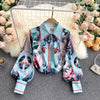 Wenfly Women Printing Two Piece Sets Turn-down Collar Single Breasted Lantern Sleeve Shirt High Waist A-line Mini Skirt Vintage