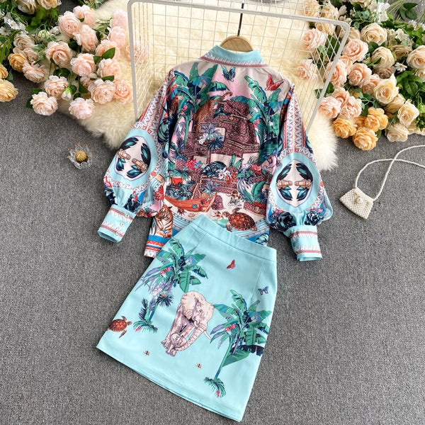 Wenfly Women Printing Two Piece Sets Turn-down Collar Single Breasted Lantern Sleeve Shirt High Waist A-line Mini Skirt Vintage