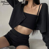 Whatiwear Solid Knitted 3 Piece Sets Single-breasted Long Sleeve Top+Camisole+Biker Shorts Stretch Streetwear Matching Outfits
