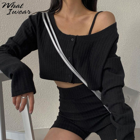Whatiwear Solid Knitted 3 Piece Sets Single-breasted Long Sleeve Top+Camisole+Biker Shorts Stretch Streetwear Matching Outfits