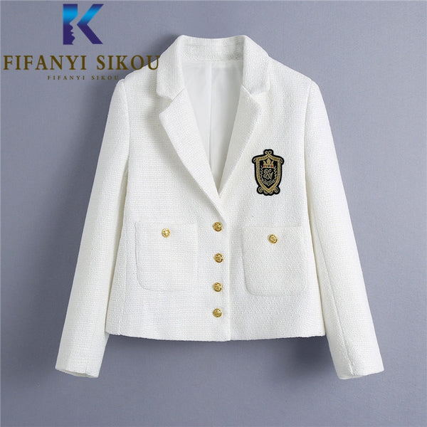 White Blazer Jacket Women Single Breasted Embroidery  Tweed Suit Jacket Female Casual Short Blazers Coat