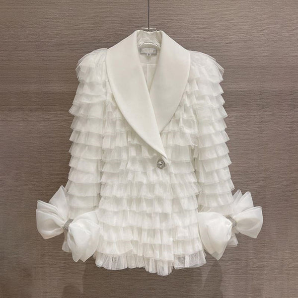 White Bow Diamond Button Blazer Women's Spring Autumn Niche Design Heavy Industry Layered Yarn Feather Super Fairy Coat s337