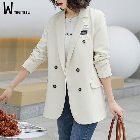 White Casual Full Sleeve Women Blazer Korean Office Lady Slim Plus Size  Double Breasted Suit Coat Femme Elegant Outwear