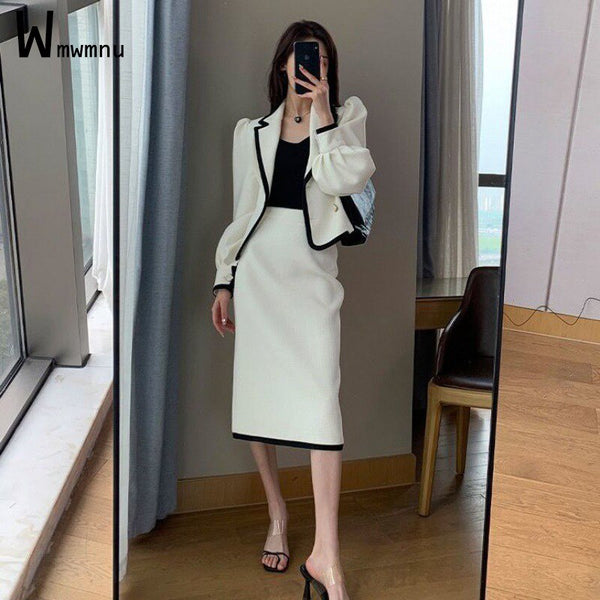 White Casual Waffle Blazer Outfits Office Lady Elegant Chic Two Piece Sets Long Sleeve Shorts Coat and Midi Straight Skirts Suit