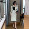 White Casual Waffle Blazer Outfits Office Lady Elegant Chic Two Piece Sets Long Sleeve Shorts Coat and Midi Straight Skirts Suit