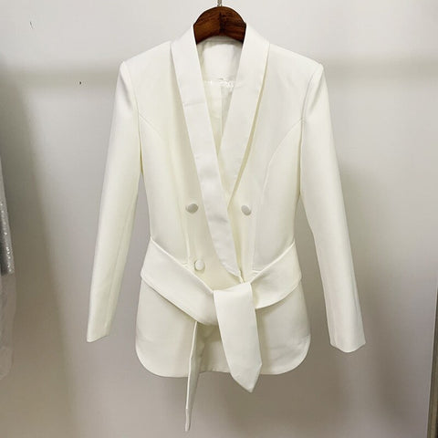 White Cloth Button Women Blazer Autumn Double-breasted Office Work Satin Shawl Collar Belted Blazers Women Jackets 2023