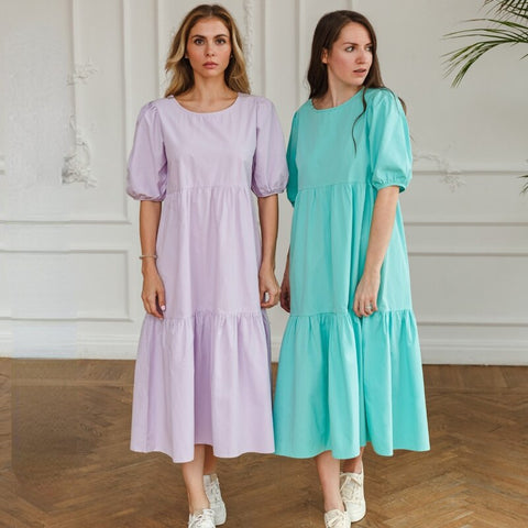 White Cotton Puff Sleeve Dress Woman Summer Midi Dress Short Sleeve Cascading Ruffles Blouses Dress