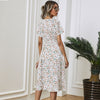 White Floral Printing Summer Chiffon Beach Dress 2023 Casual V-neck Short Sleeve A-line Women Midi Dresses Vestidos