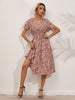 White Floral Printing Summer Chiffon Beach Dress 2023 Casual V-neck Short Sleeve A-line Women Midi Dresses Vestidos