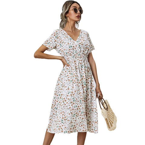 White Floral Printing Summer Chiffon Beach Dress 2023 Casual V-neck Short Sleeve A-line Women Midi Dresses Vestidos