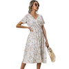 White Floral Printing Summer Chiffon Beach Dress 2023 Casual V-neck Short Sleeve A-line Women Midi Dresses Vestidos