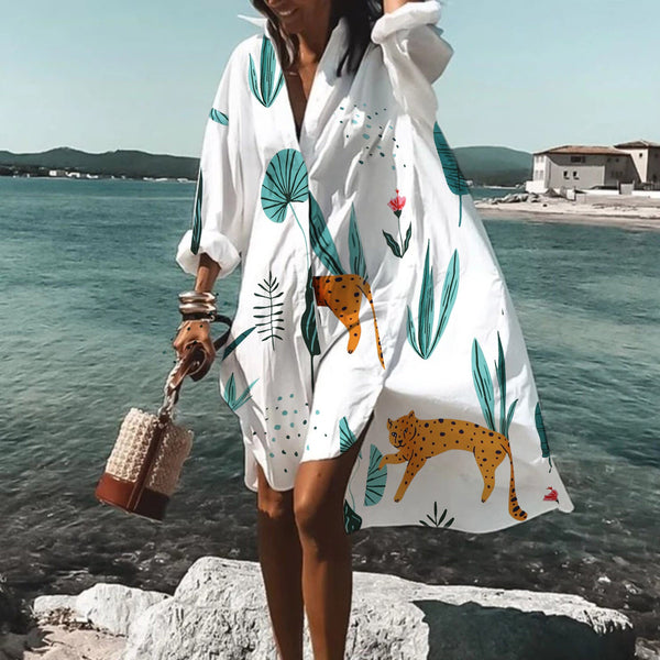White Floral Shirt Dress For Women Swim Cover Up Beachwear Beach Long Sleeve Irregular Large Hem Midi Shirt Dress For Women Robe