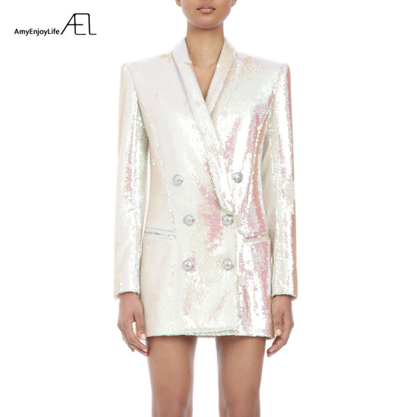 White Glitter Top Woman Coat Slim V Neck Sexy OL Style Day Suit Jacket 2022 Spring Ladies New