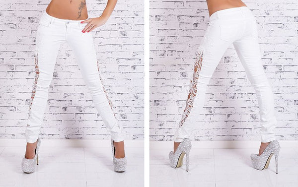 White Jeans With Lace Hollow Out Lace Stitching Full-Length Denim Slim Skinny Pencil Low Waist Pants Women Fashion Sexy Jeans