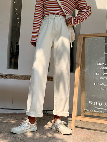 White Jeans Women Straight Loose Spring Summer High-Waist Thin Chic Hong Kong-Style Streetwear Small Wide-Leg Denim Pants