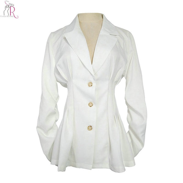 White Lapel Notched Single Breasted Ruched Blazer Women Silm Waist Long Sleeve Autumn New Office Ladies Coat