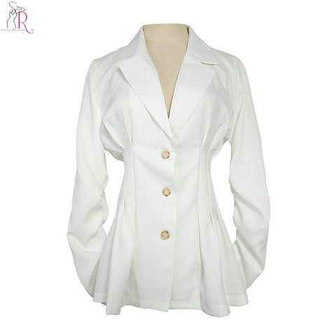 White Lapel Notched Single Breasted Ruched Blazer Women Silm Waist Long Sleeve Autumn New Office Ladies Coat