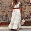 White Maxi Dresses For Women Elegant V Neck Lace Long Dress Women Short Sleeve Sexy Beach Party Dress Boho With Belt