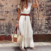 White Maxi Dresses For Women Elegant V Neck Lace Long Dress Women Short Sleeve Sexy Beach Party Dress Boho With Belt