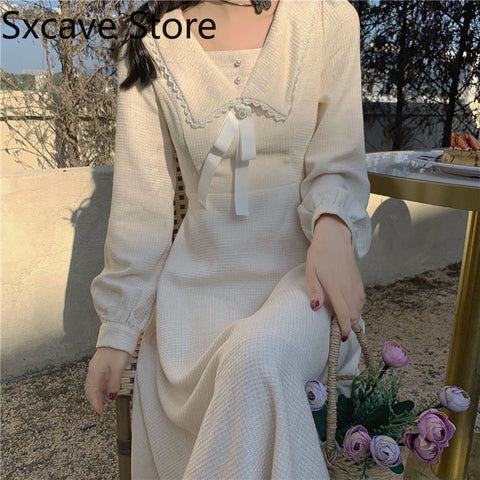 White Midi Dress Women Casual Long Sleeve Elegant Vintage One Piece Dress Korean 2022 Autumn Outdoor Design Kawaii Clothing Chic