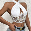 White Sexy Floral Print Blouses Lace Up Backless Hollow Out Mesh Crop Tops Summer Sleeveless Tank Top Shirts Y2K Women Clothes