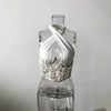 White Sexy Floral Print Blouses Lace Up Backless Hollow Out Mesh Crop Tops Summer Sleeveless Tank Top Shirts Y2K Women Clothes
