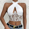 White Sexy Floral Print Blouses Lace Up Backless Hollow Out Mesh Crop Tops Summer Sleeveless Tank Top Shirts Y2K Women Clothes