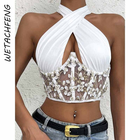 White Sexy Floral Print Blouses Lace Up Backless Hollow Out Mesh Crop Tops Summer Sleeveless Tank Top Shirts Y2K Women Clothes