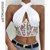 White Sexy Floral Print Blouses Lace Up Backless Hollow Out Mesh Crop Tops Summer Sleeveless Tank Top Shirts Y2K Women Clothes