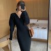 White Sexy V-neck Cashmere Dress Woman Winter 2022 High Waist Slim Knitted Dress Streetwear Puff Sleeve Long Woole Clothing Fall