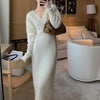 White Sexy V-neck Cashmere Dress Woman Winter 2022 High Waist Slim Knitted Dress Streetwear Puff Sleeve Long Woole Clothing Fall