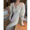 White Sexy V-neck Cashmere Dress Woman Winter 2022 High Waist Slim Knitted Dress Streetwear Puff Sleeve Long Woole Clothing Fall