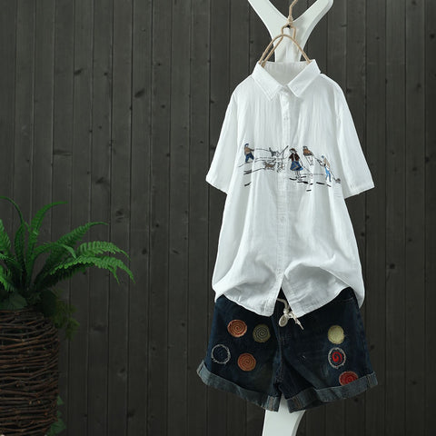 White Shirt Cotton Floral Embroidery Turn-down Collar Chinese Style Blouse Women Tops Casual Loose Shirts Women Clothing