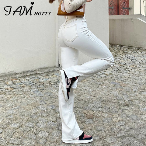 White Split Casual Cotton Jeans Women Elegant Butt Lift Korean High Waist 90s Denim Trousers Streetwear Pants  Iamhotty