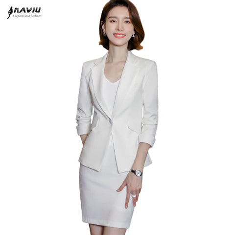 White Suits Women 2023  Temperament Formal Long Sleeve Slim Blazer And Skirt Office Ladies Work Wear Black