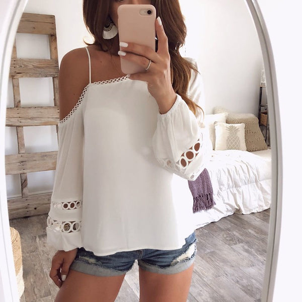 White blouses shirts cold shoulder sexy spaghetti strap women Summer blusas shirts Top beach female clothing WS9464Y