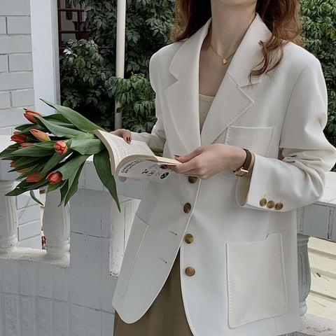 White casual suit loose solid color temperament commuter mid-length single-breasted straight spring women's jacket