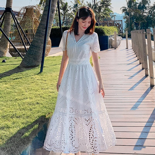White dress super fairy skirt seaside holiday lace hollow out skirt beach skirt Bali Beach skirt