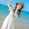 White holiday long skirt beach skirt summer 2022 trumpet sleeve Lace Up Fairy Dress Chiffon Dress