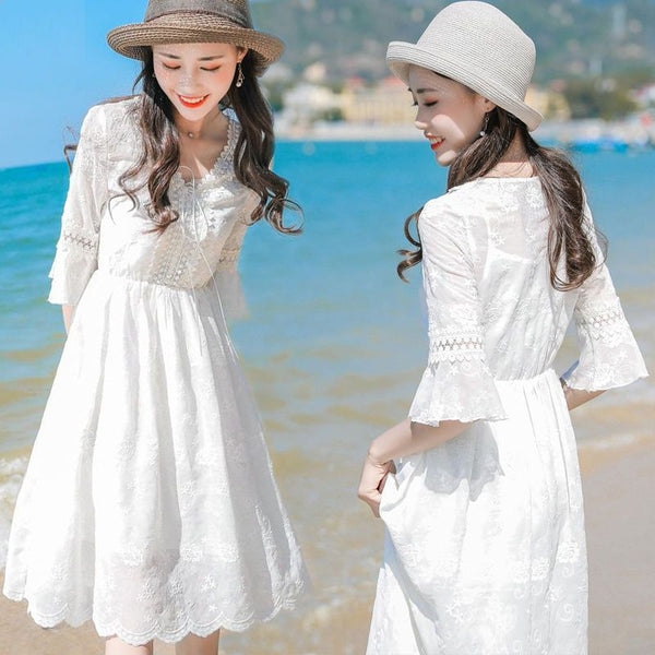 White holiday long skirt beach skirt summer 2022 trumpet sleeve Lace Up Fairy Dress Chiffon Dress