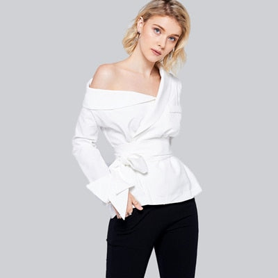 White long sleeve asymmetric one shoulder thin blazer for women ladies stylish sexy  waist tie wrap coats outwear for work