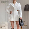 White suit female lapel long-sleeved top pleated skirt hollow casual suit female fall 2023