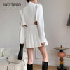 White suit female lapel long-sleeved top pleated skirt hollow casual suit female fall 2023