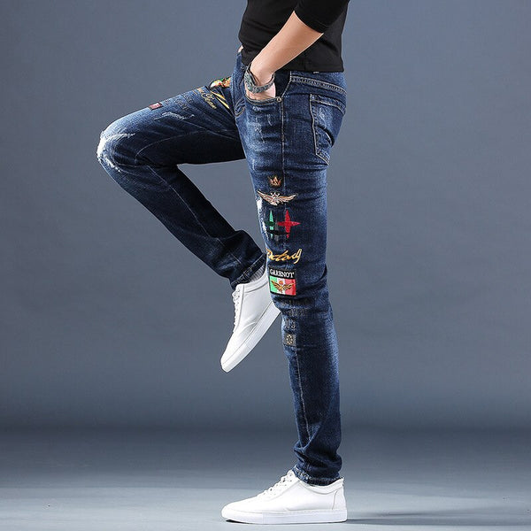 2022 teenagers Denim Men's embroidered jeans men's trousers brand slim casual feet broken trend pencil pants