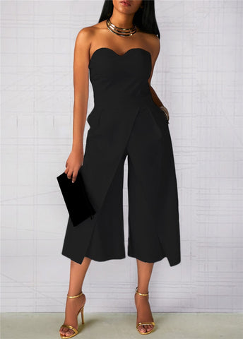 Wide Leg Jumpsuit Rompers Women Off the Shoulder Split Front Dressy Loose Long Pants Black White Strapless Jumpsuits for Ladies