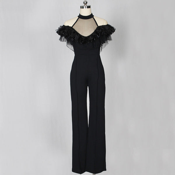 Wide Leg Jumpsuits Halter Off Shoulder Elegant Lace Ruffles Jumpsuit Backless Hollow Out Sexy Rompers Womens Jumpsuit Overalls