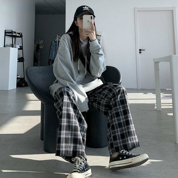 Wide Leg Pants Womens Summer Fall Chic High Waist All-match Teens Streetwear Ins Trendy Harajuku Plaid Womens Trouser